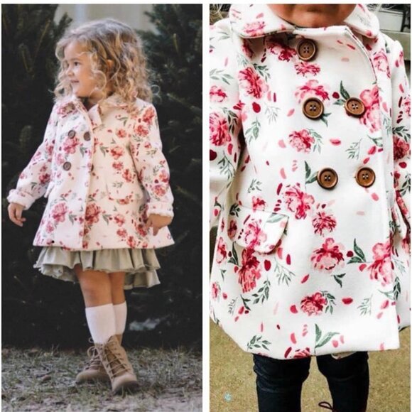 Girls SweetHoney Laurel Wool Pea Coat Swifting Floral Pink Green Cream Lined 6